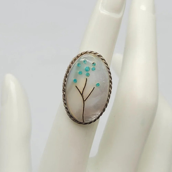 Vintage Zuni Artisan Sterling Silver Mother Of Pearl Floral Inlay Ring Size 5